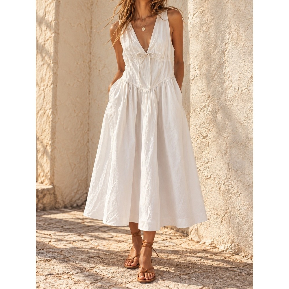 Band of the Free White Cotton V-Neck Midi Dress Smocked Back Pockets Size L